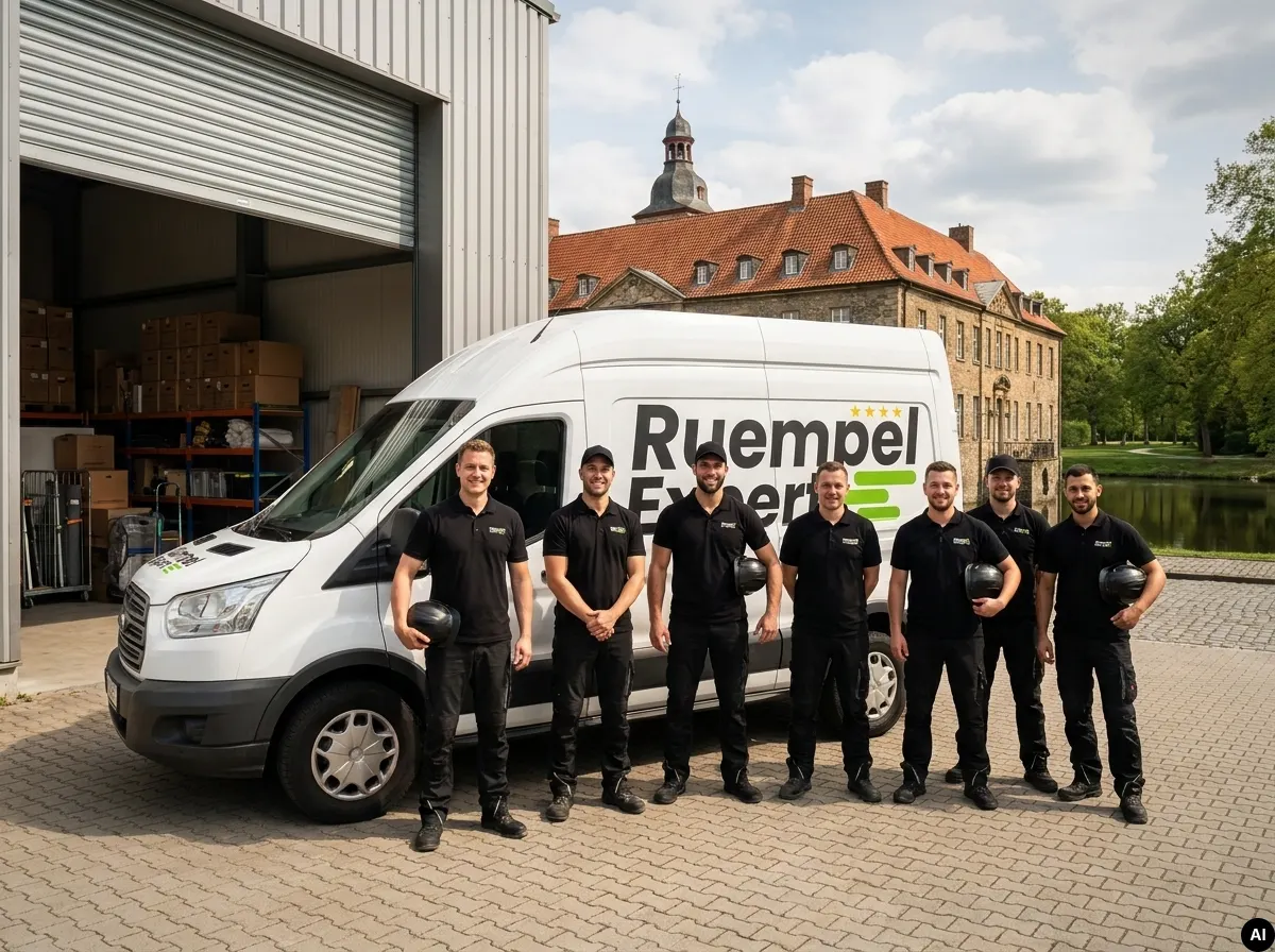 Team von Rümpel Expert vor dem Einsatzfahrzeug (KI-Nachbildung)